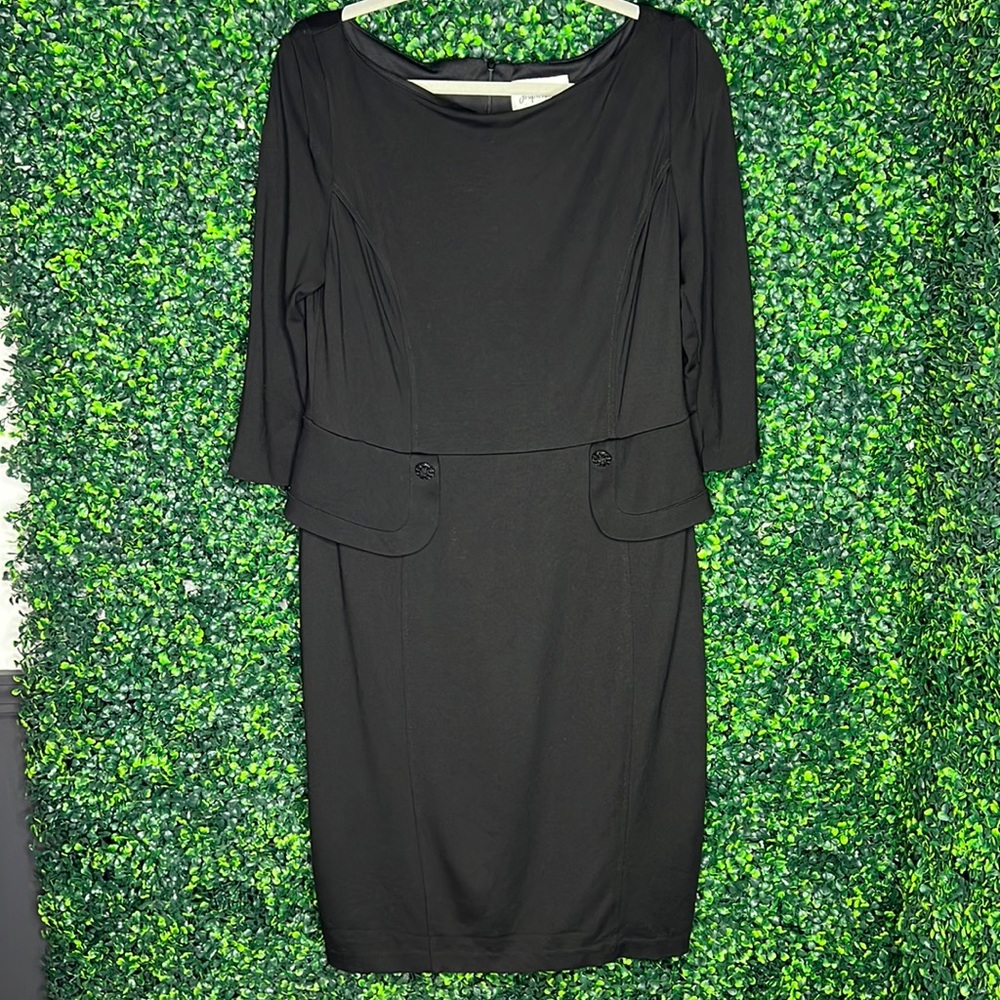 Joseph Ribkoff Sz 14 Black Stretch 3/4 sleeve classic dress w/ hip flare detail